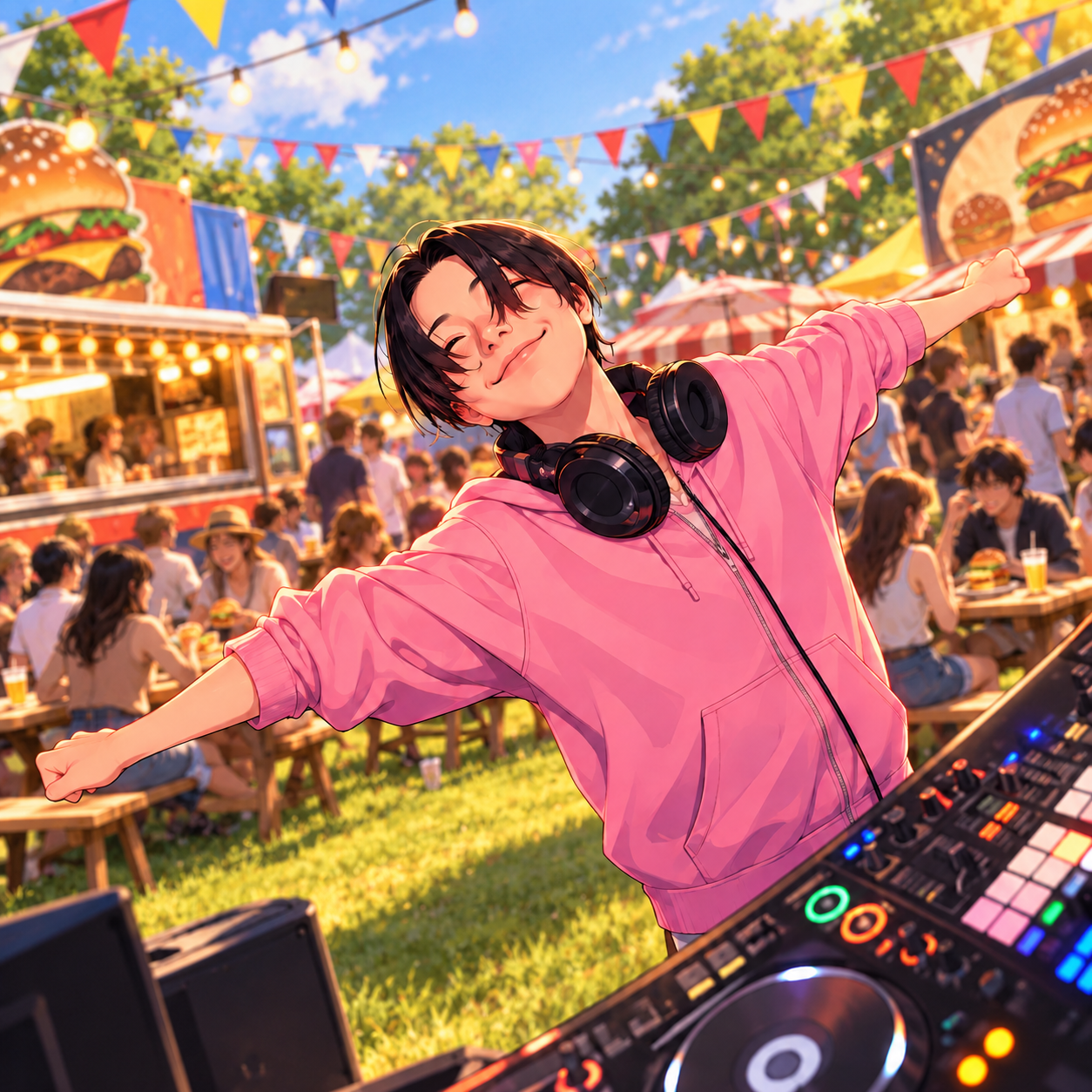 バーガーフェスを背景にしたDJ YASUのイラスト